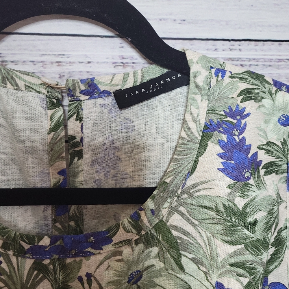 Tara Jarmon Off-white Blue Dress with Pampas And Flowers Print In Linen - Picture 3 of 9